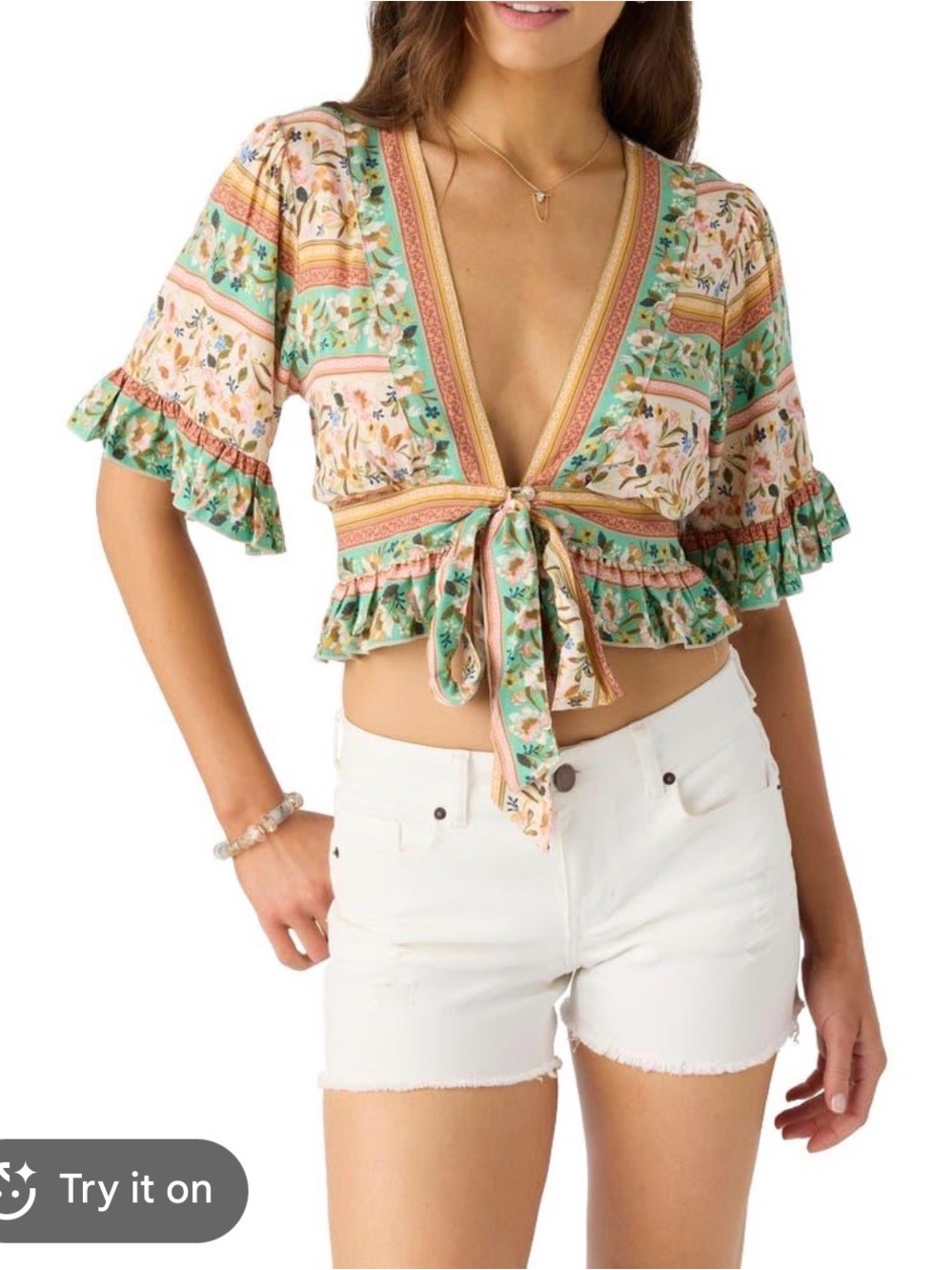 O'Neill Floral Tie-Front Cropped Top Size Small
